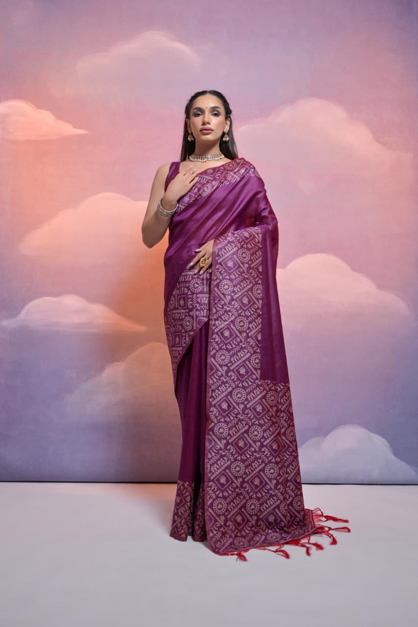 Wine Soft Handloom Silk Worli Weaved Pallu Border Saree