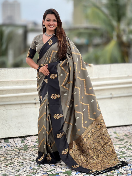 Image of Gray Banarasi Soft Silk Zig Zag Zari Weaved Motifs Saree