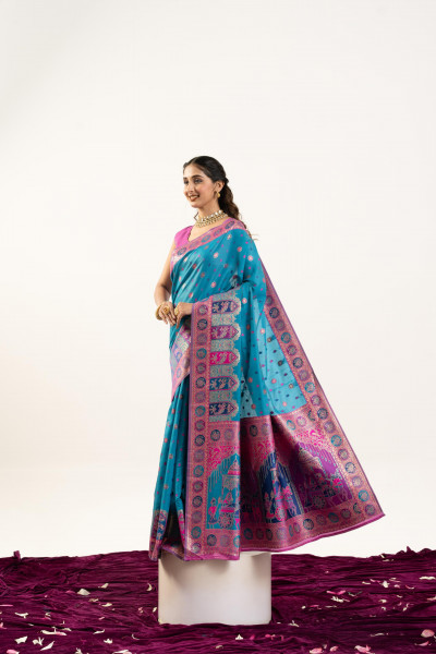 Image of Teal Pure Banarasi Pashmina Silk Resham Zari Weaved Saree