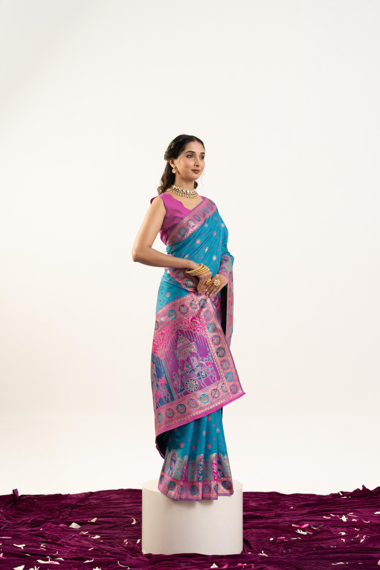 Teal Pure Banarasi Pashmina Silk Resham Zari Weaved Saree