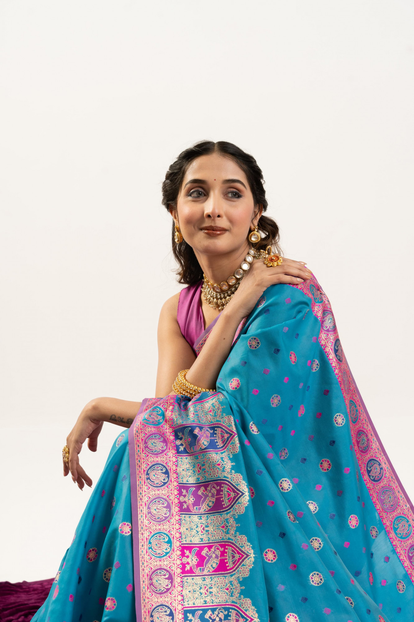 Teal Pure Banarasi Pashmina Silk Resham Zari Weaved Saree