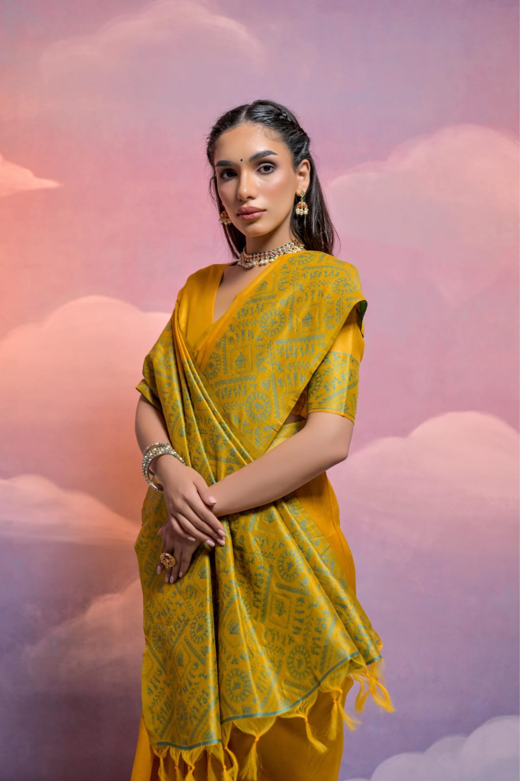 Mustard Soft Handloom Silk Worli Weaved Pallu Border Saree