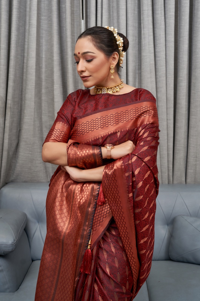 Pure Banarasi Silk Copper Zari Weaved Rich Pallu And Border Sarees