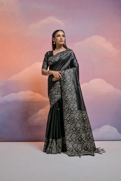 Image of Black Soft Handloom Silk Worli Weaved Pallu Border Saree