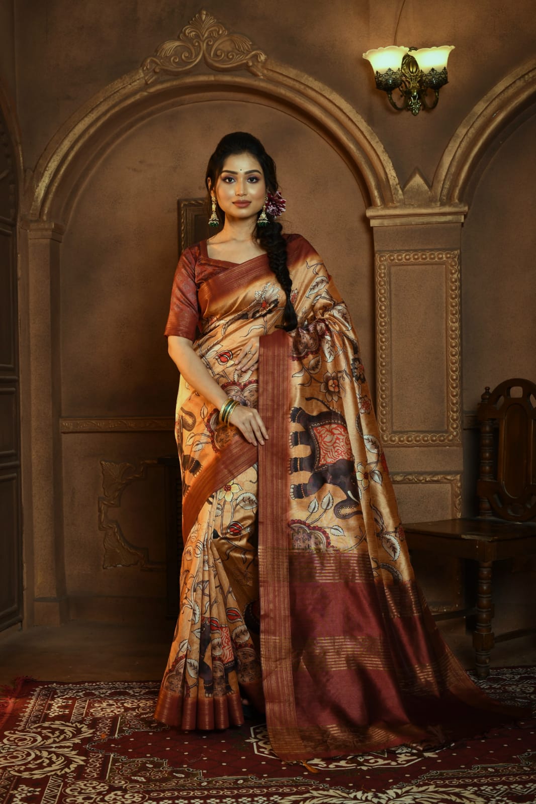 Ghicha Tussar Silk All Over Kalamkari Print Rich Zari Pallu Saree
