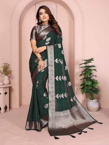 Image of Dark Green Banarasi Soft Georgette Silk Zari Weaved Rich Pallu Border Saree