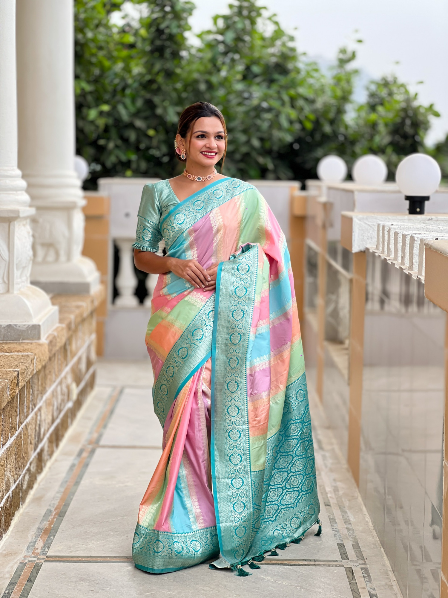 Multicolor Pure Banarasi Silk Rich Zari Weaved Pallu Sea Green Border Saree