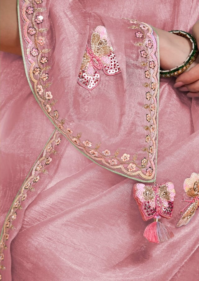 Pink Pure Tissue Organza Embroidered Sequence Worked Saree