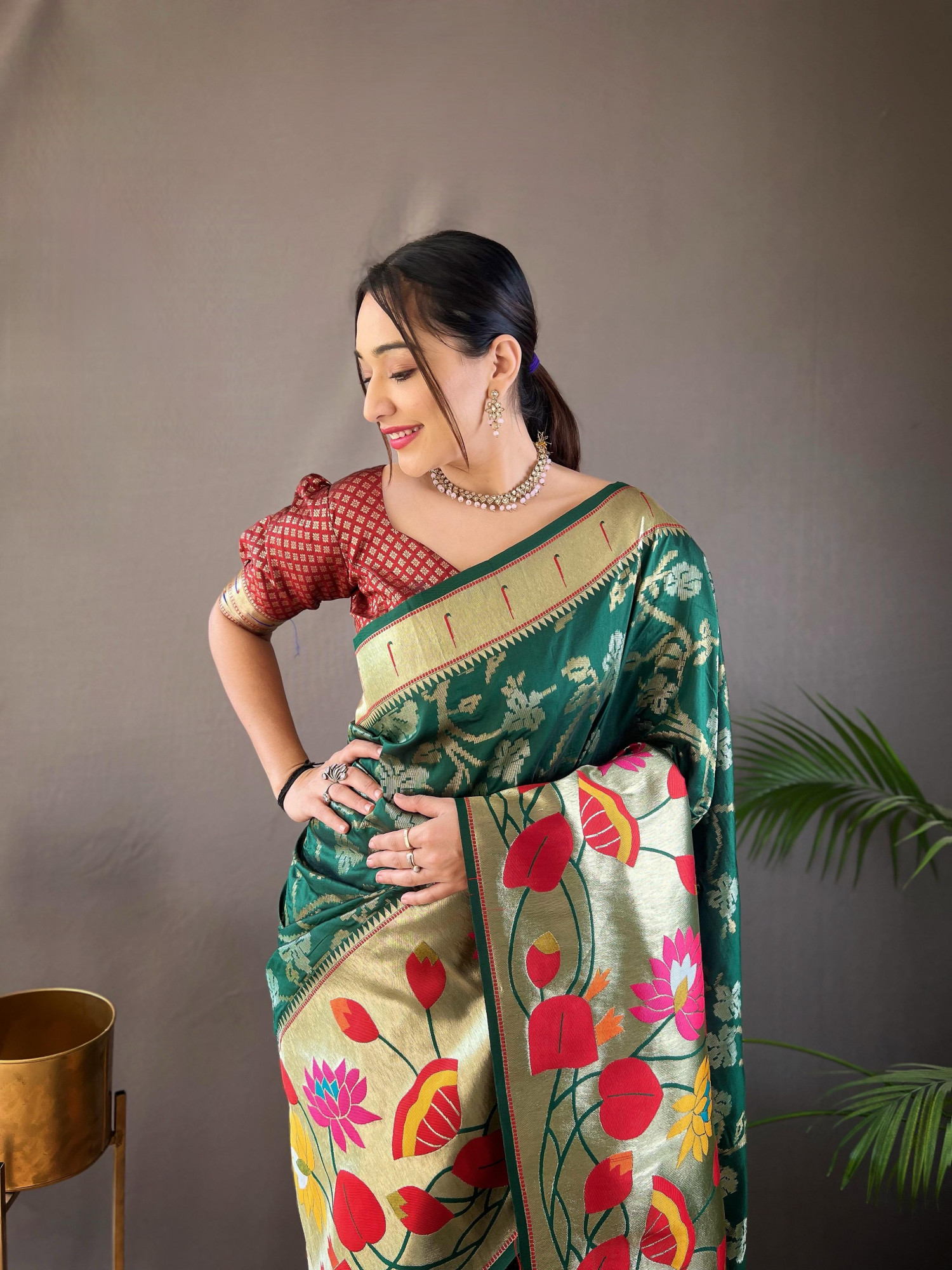 Bottle Green Banarasi Paithani Silk Rich Zari Meenakari Weaved Saree