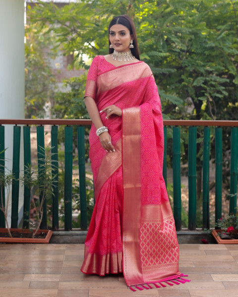 Image of Raani Bandhej Patola Silk Rich Weaved Pallu Zari Border Saree