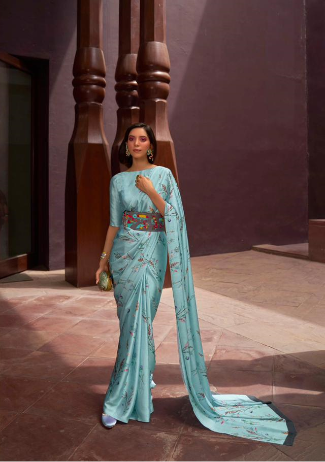 Pure Satin Crepe Digital Printed All Over With Fancy Blouse Sarees
