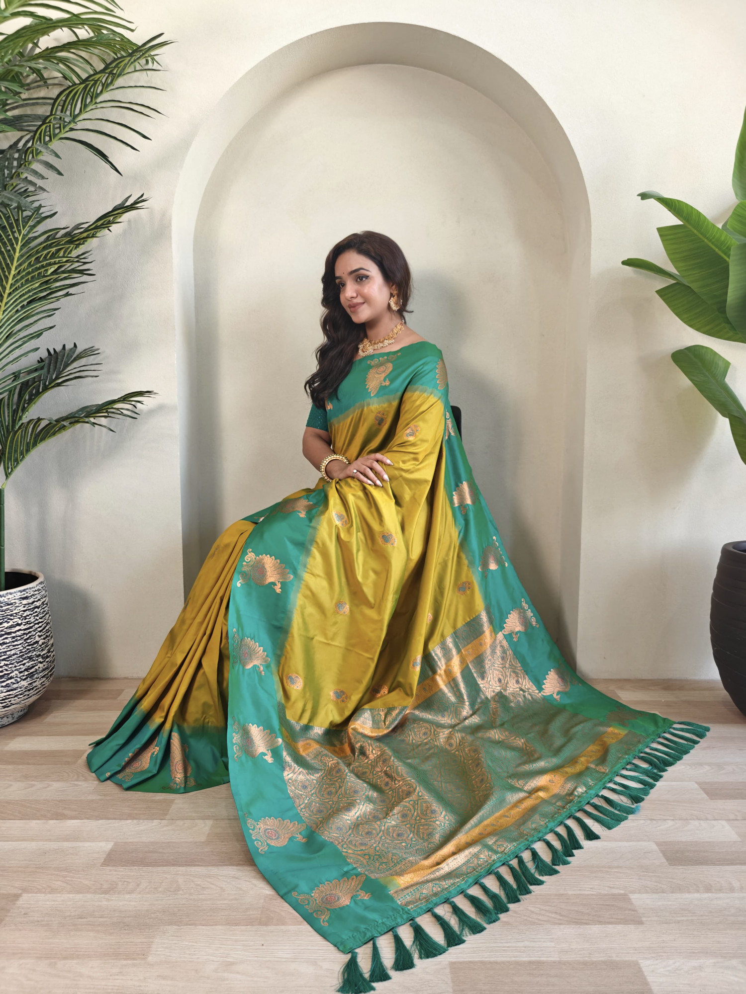 Mustard Banarasi Silk All Over Zari Weaved Body Motifs Border Rich Pallu Saree