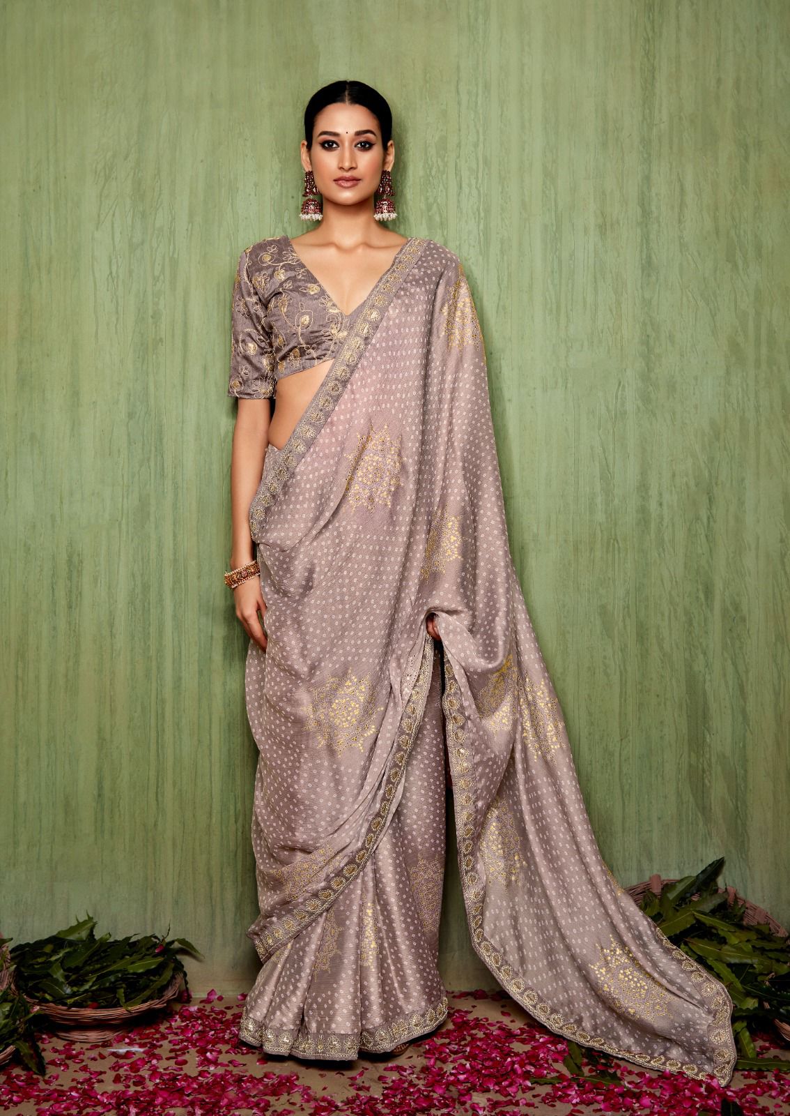 Pure Chiffon Foil Print And Embroidery Sequence Border Saree