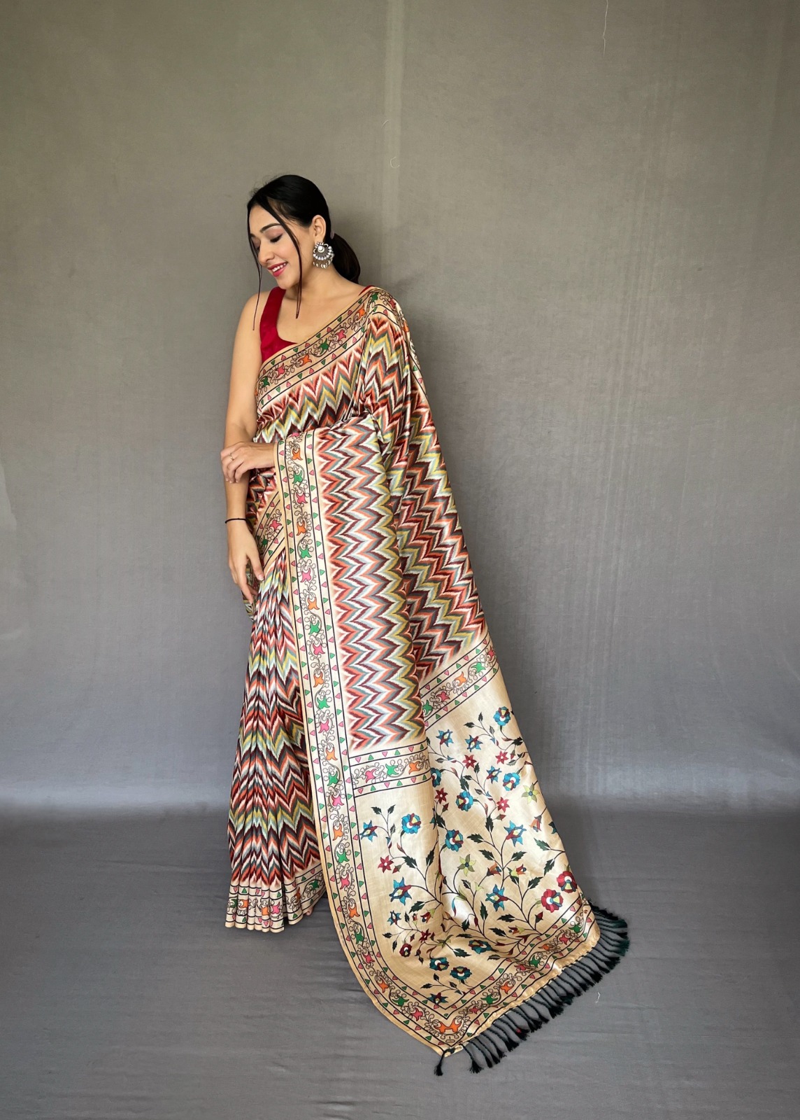 Soft Silk Paithani Style Printed All Over With Tassels On Pallu Sarees