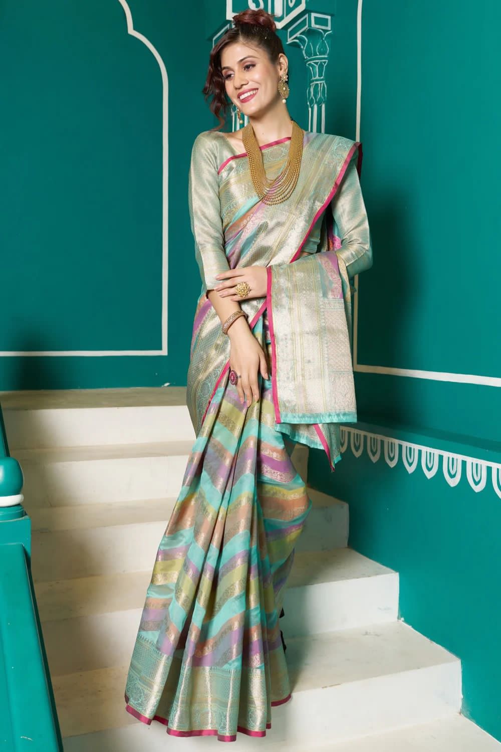 Pure Organza Silk Multi Color Lehariya Zari Weaved Pallu Saree