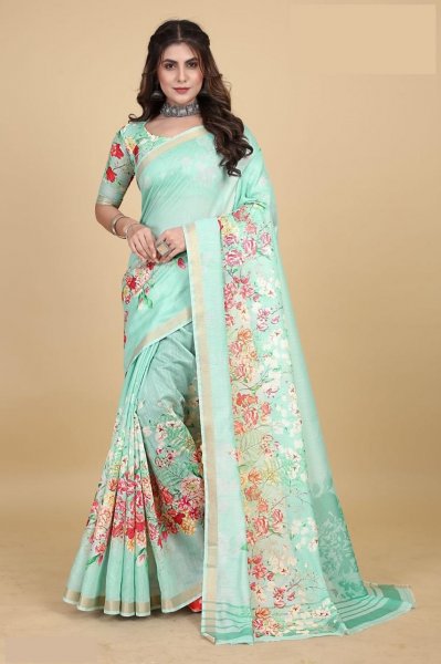 Image of Pure Linen Digital Floral Printed With Tiny Zari Border Sarees