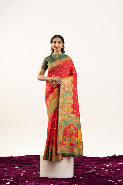 Image of Red Pure Banarasi Pashmina Silk Resham Zari Weaved Saree