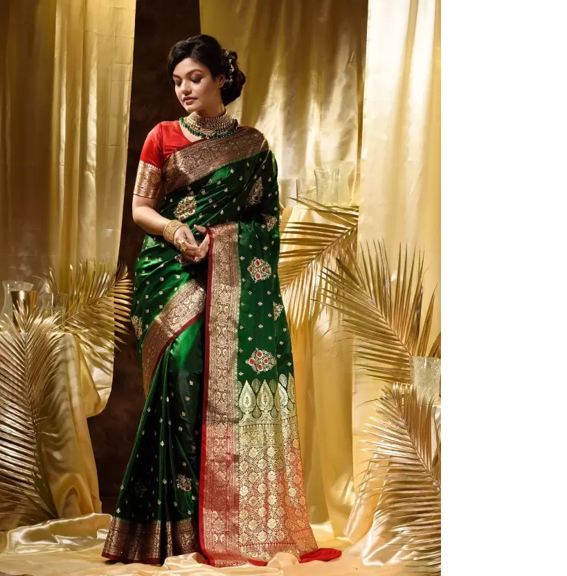 Pure Banarasi Satin Silk Saree Zari Weaved With Embroidery Work