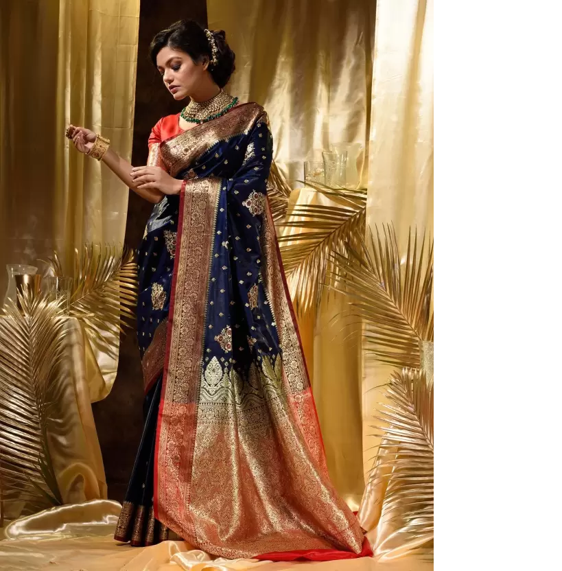 Pure Banarasi Satin Silk Saree Zari Weaved With Embroidery Work