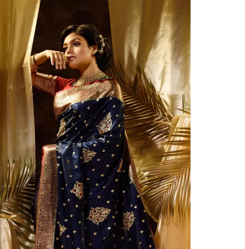 Pure Banarasi Satin Silk Saree Zari Weaved With Embroidery Work