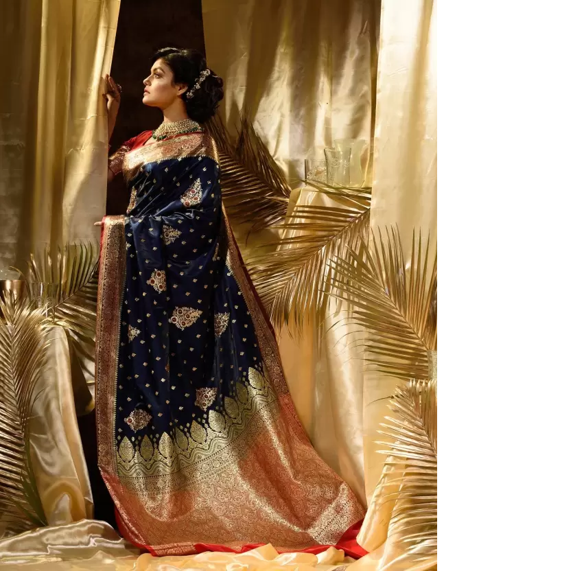 Pure Banarasi Satin Silk Saree Zari Weaved With Embroidery Work
