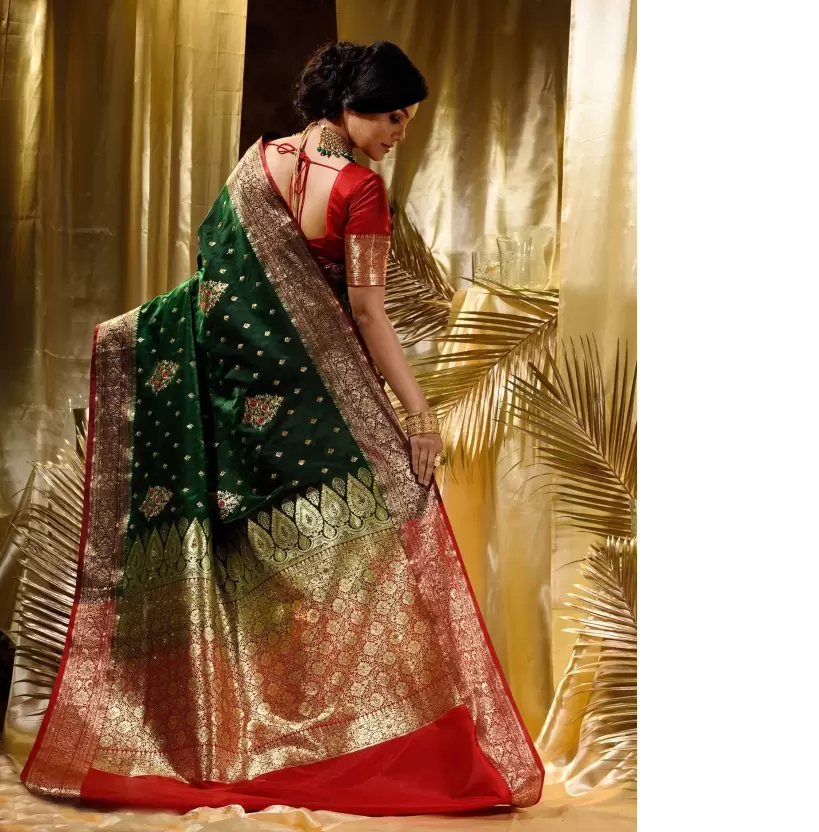 Pure Banarasi Satin Silk Saree Zari Weaved With Embroidery Work