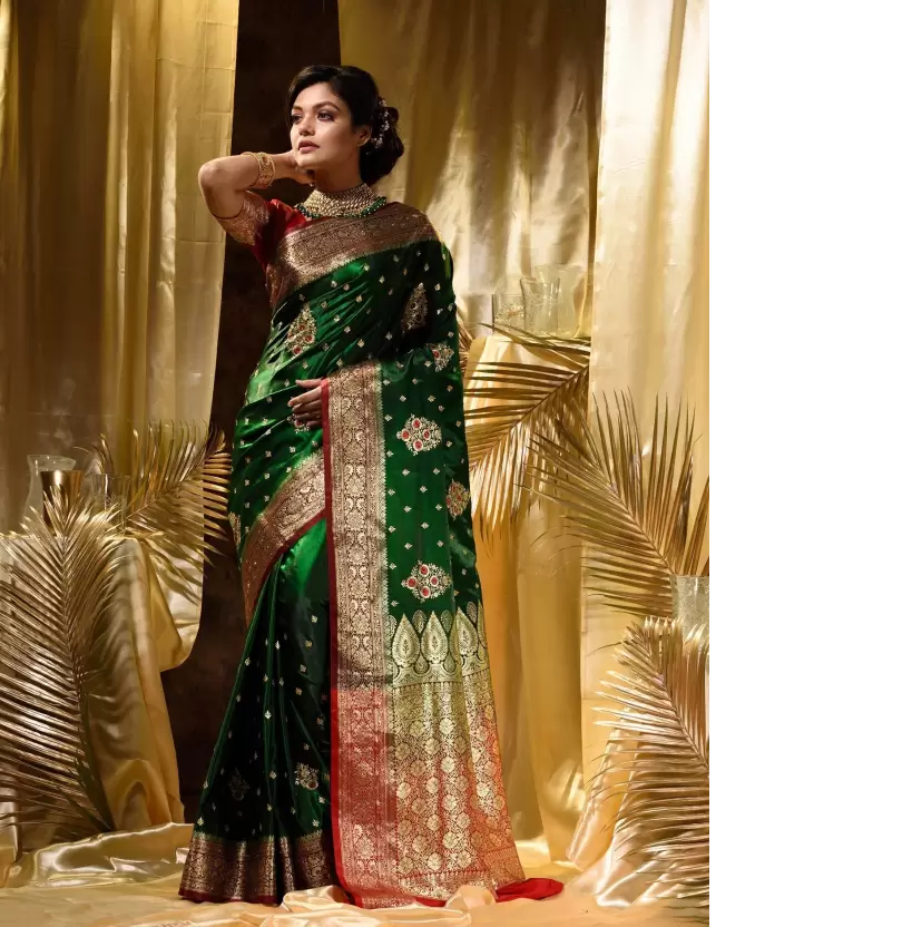 Pure Banarasi Satin Silk Saree Zari Weaved With Embroidery Work