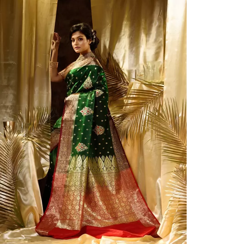 Pure Banarasi Satin Silk Saree Zari Weaved With Embroidery Work