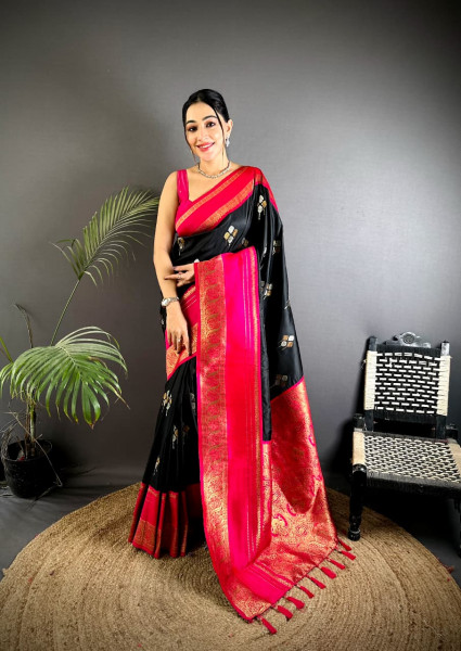 Image of Black Premium Soft Silk Zari Weaved Narayan Border Saree
