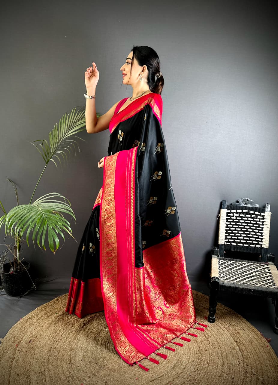 Black Premium Soft Silk Zari Weaved Narayan Border Saree