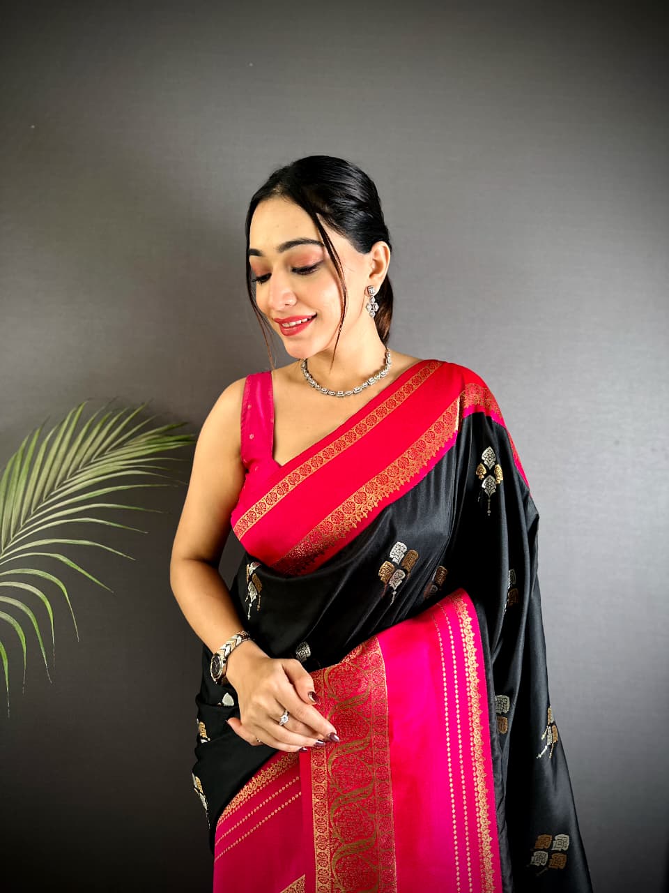 Black Premium Soft Silk Zari Weaved Narayan Border Saree