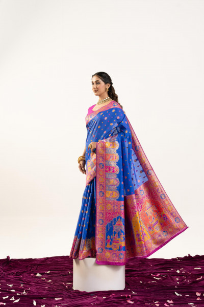 Image of Royal Blue Pure Banarasi Pashmina Silk Resham Zari Weaved Saree