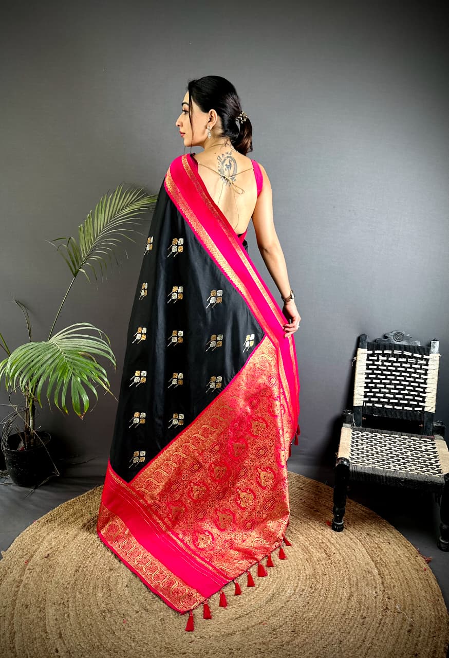 Black Premium Soft Silk Zari Weaved Narayan Border Saree