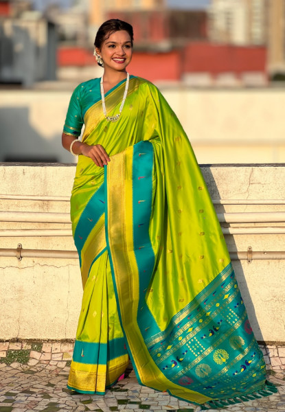 Image of Mint Green Banarasi Paithani Silk Zari Meena Weaved Saree