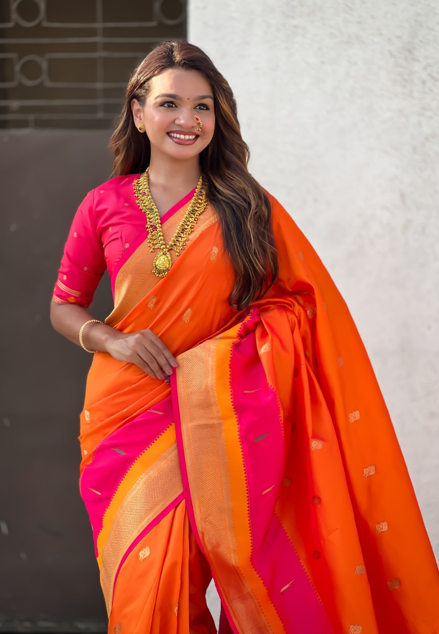 Orange Banarasi Paithani Silk Zari Meena Weaved Saree