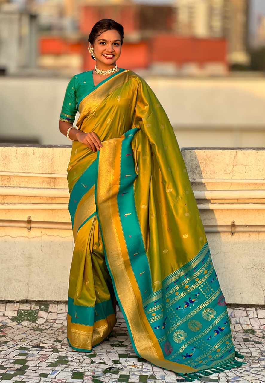 Mehendi Green Banarasi Paithani Silk Zari Meena Weaved Saree