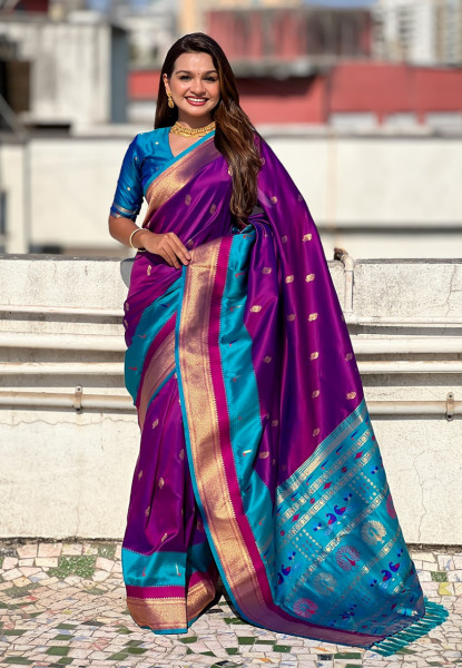 Image of Purple Banarasi Paithani Silk Zari Meena Weaved Saree