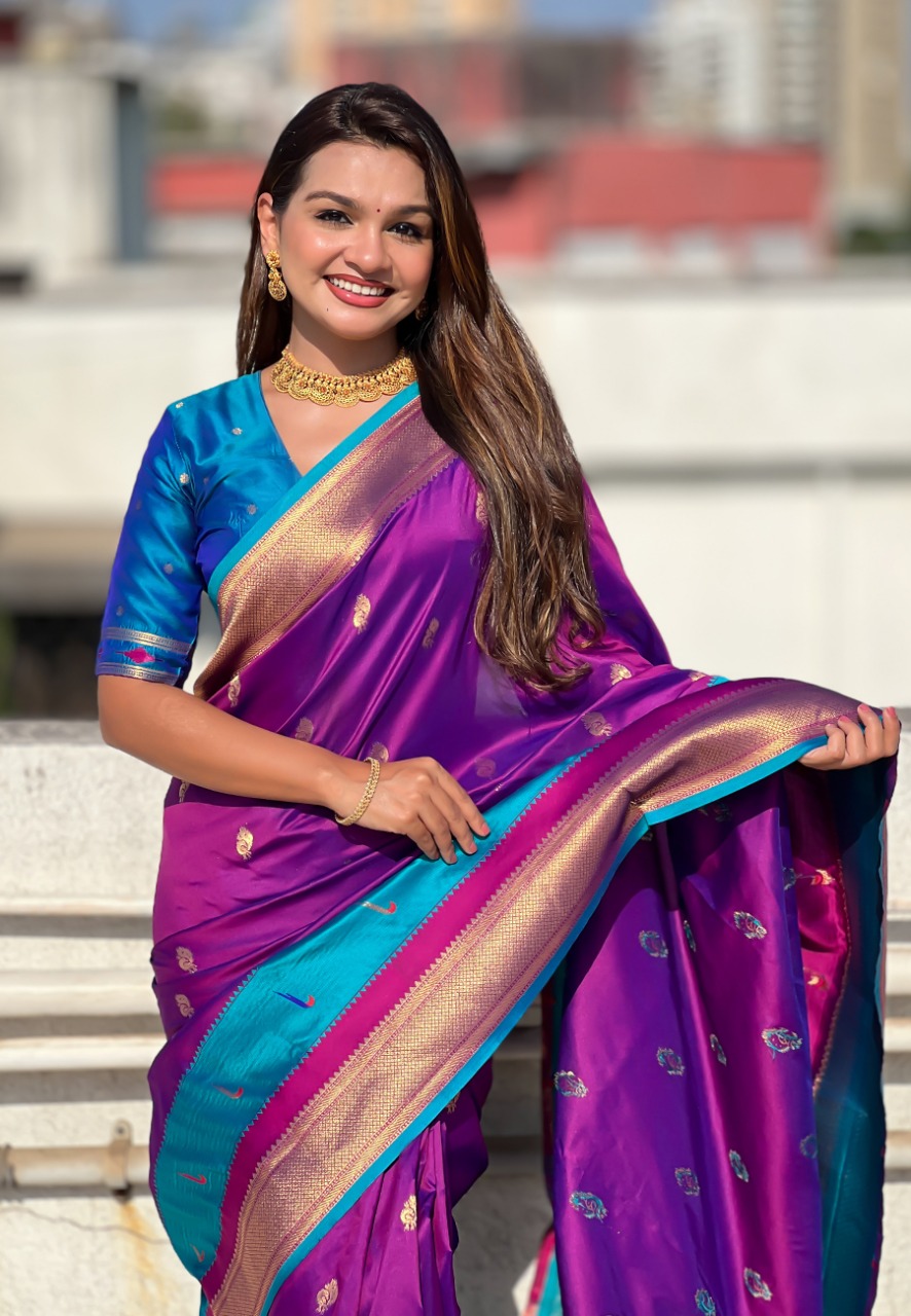 Purple Banarasi Paithani Silk Zari Meena Weaved Saree