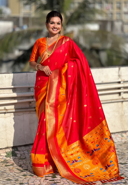 Image of Red Banarasi Paithani Silk Zari Meena Weaved Saree