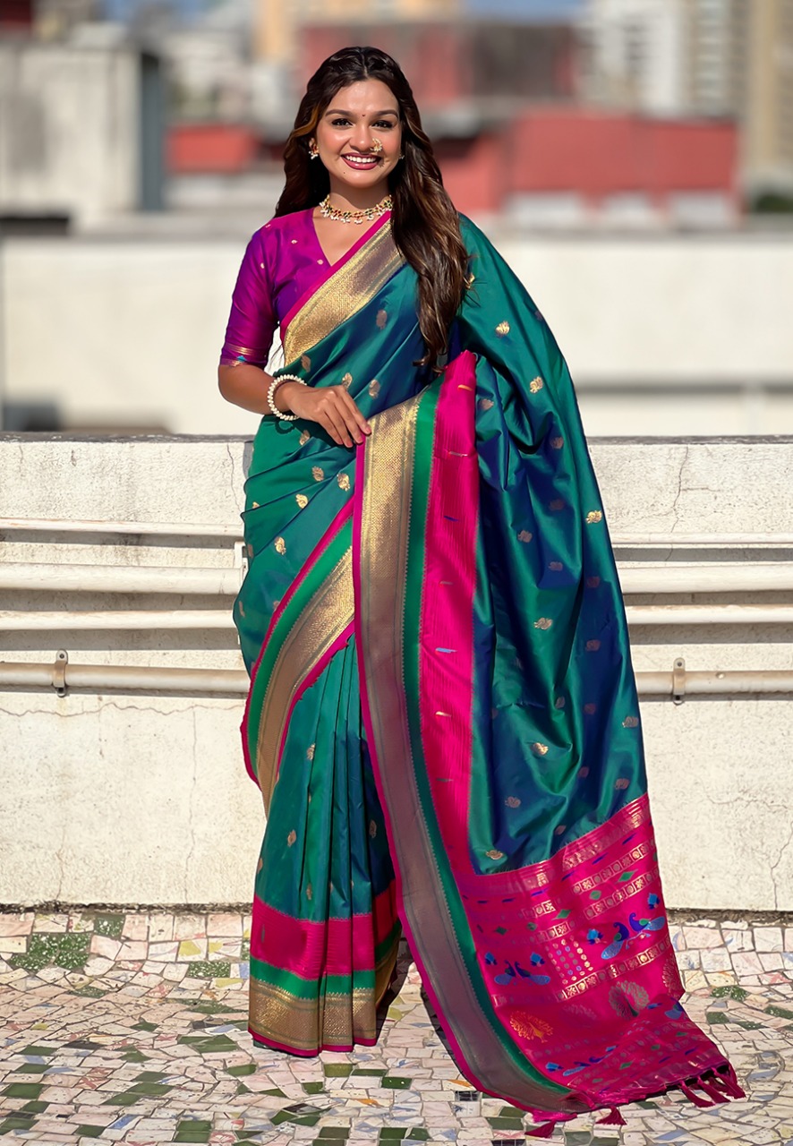 Jade Green Banarasi Paithani Silk Zari Meena Weaved Saree