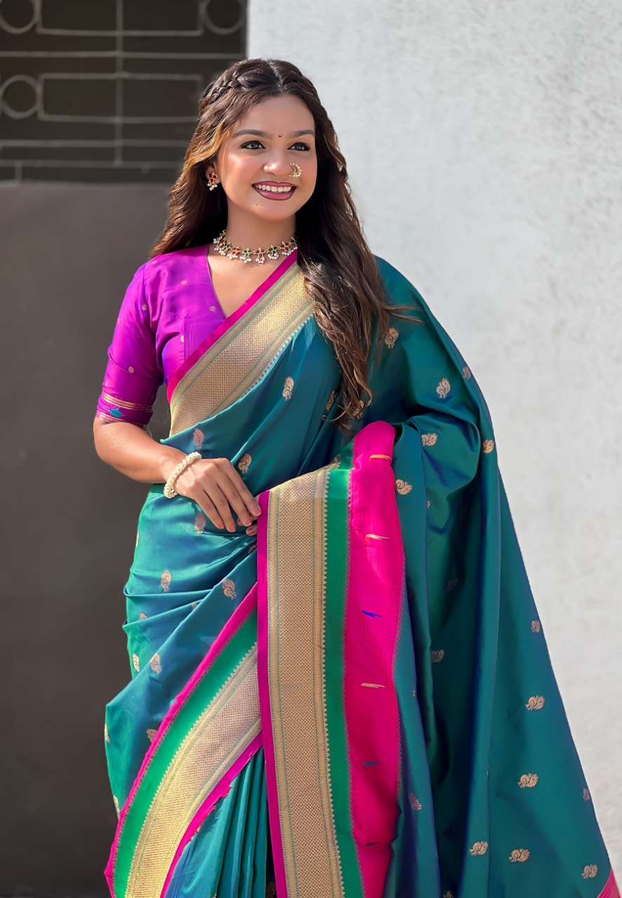 Jade Green Banarasi Paithani Silk Zari Meena Weaved Saree