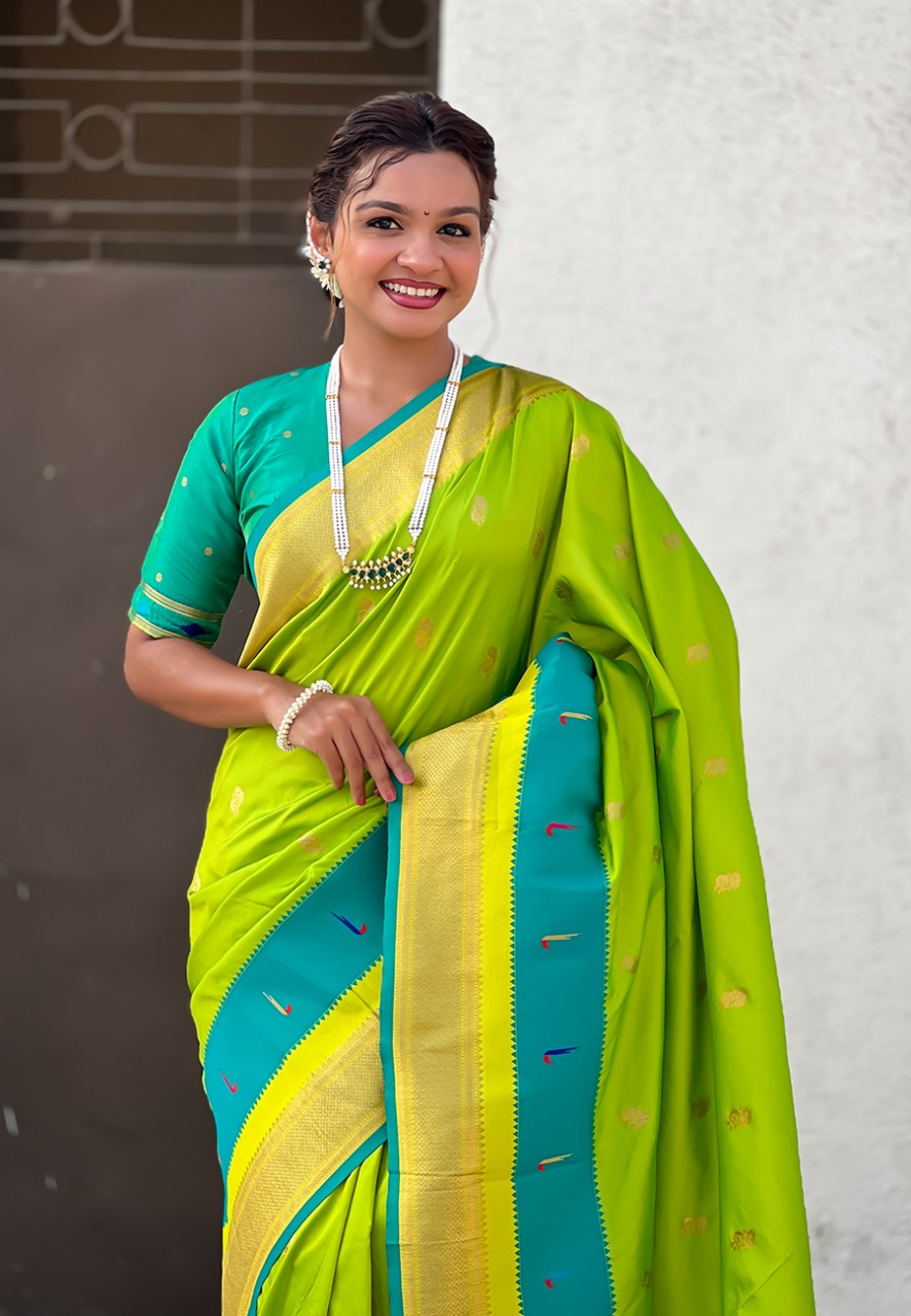 Mint Green Banarasi Paithani Silk Zari Meena Weaved Saree