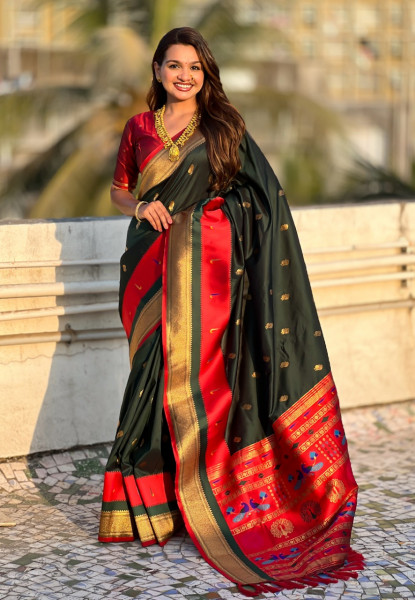 Image of Bottle Green Banarasi Paithani Silk Zari Meena Weaved Saree