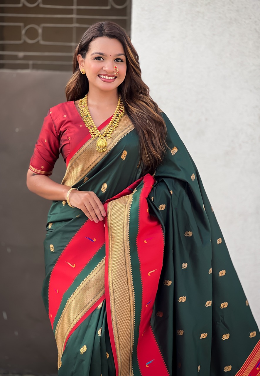 Bottle Green Banarasi Paithani Silk Zari Meena Weaved Saree
