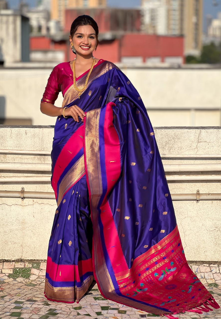 Navy Blue Banarasi Paithani Silk Zari Meena Weaved Saree