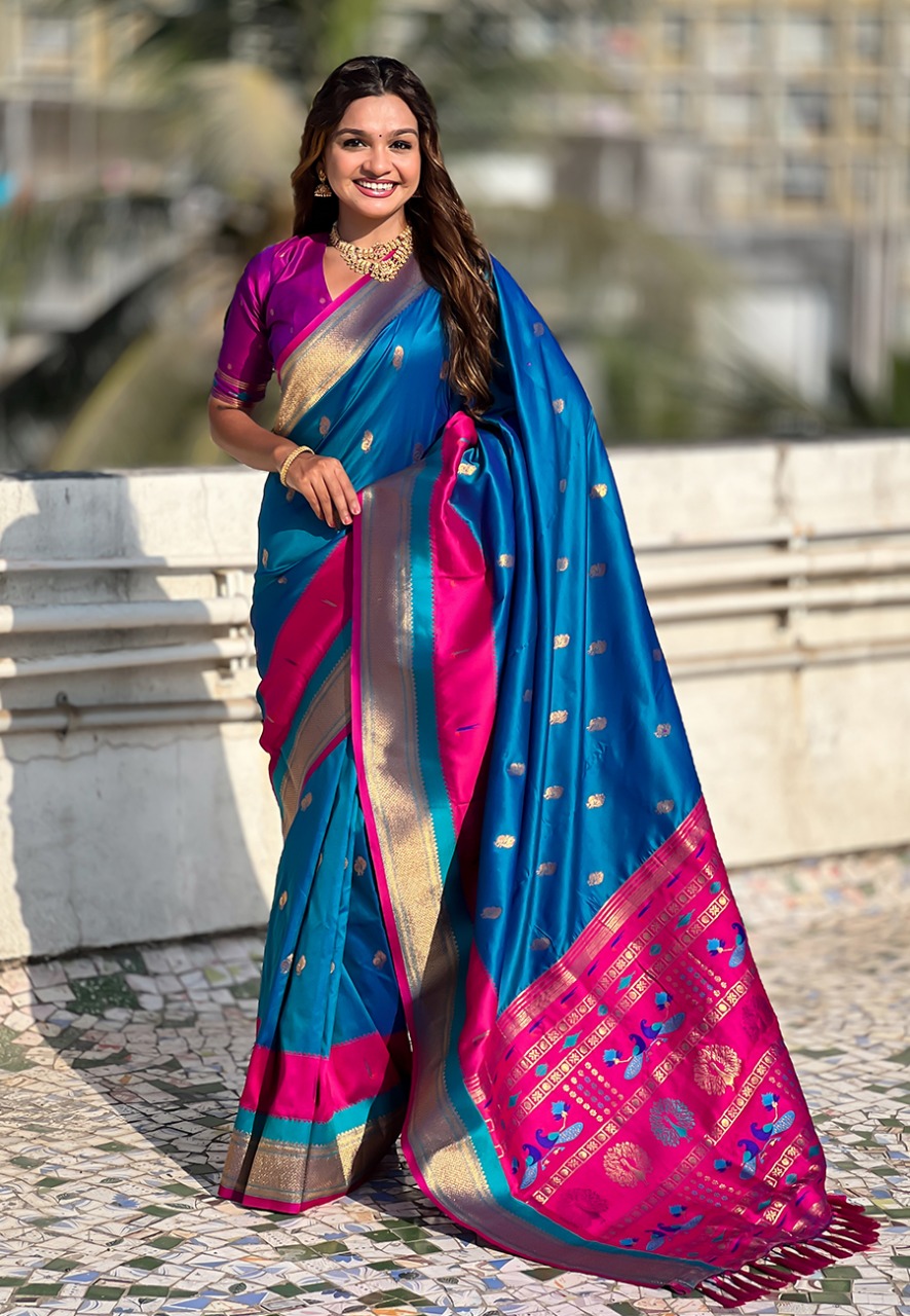 Blue Banarasi Paithani Silk Zari Meena Weaved Saree