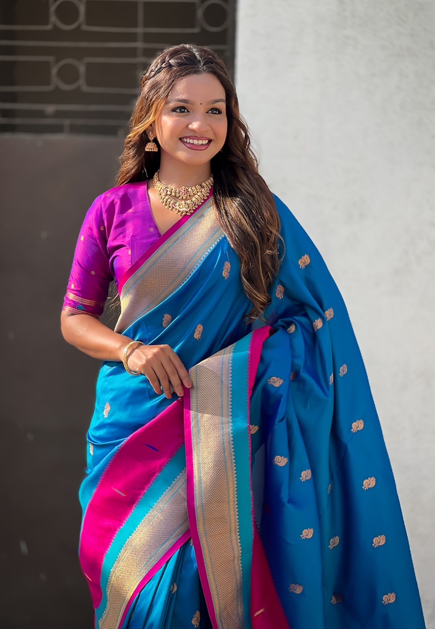 Blue Banarasi Paithani Silk Zari Meena Weaved Saree