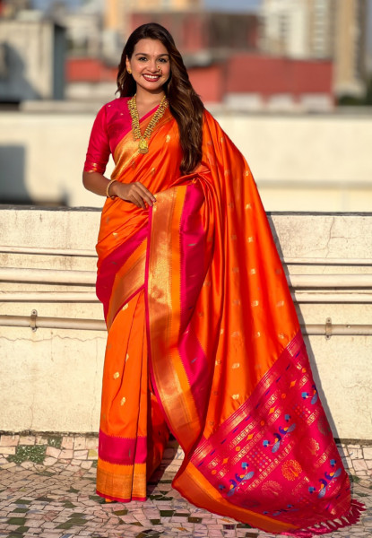 Image of Orange Banarasi Paithani Silk Zari Meena Weaved Saree