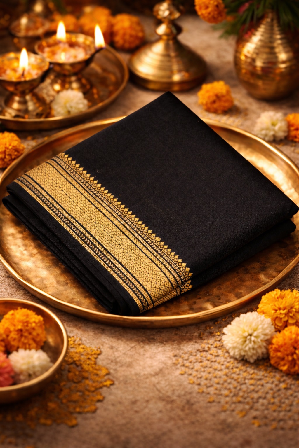 Black Cotton Soft Plain Silk Zari Border Mandir Daan Saree