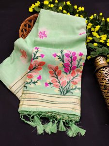 Image of Olive Green Pure Linen Floral Zari Resham Weaved Saree